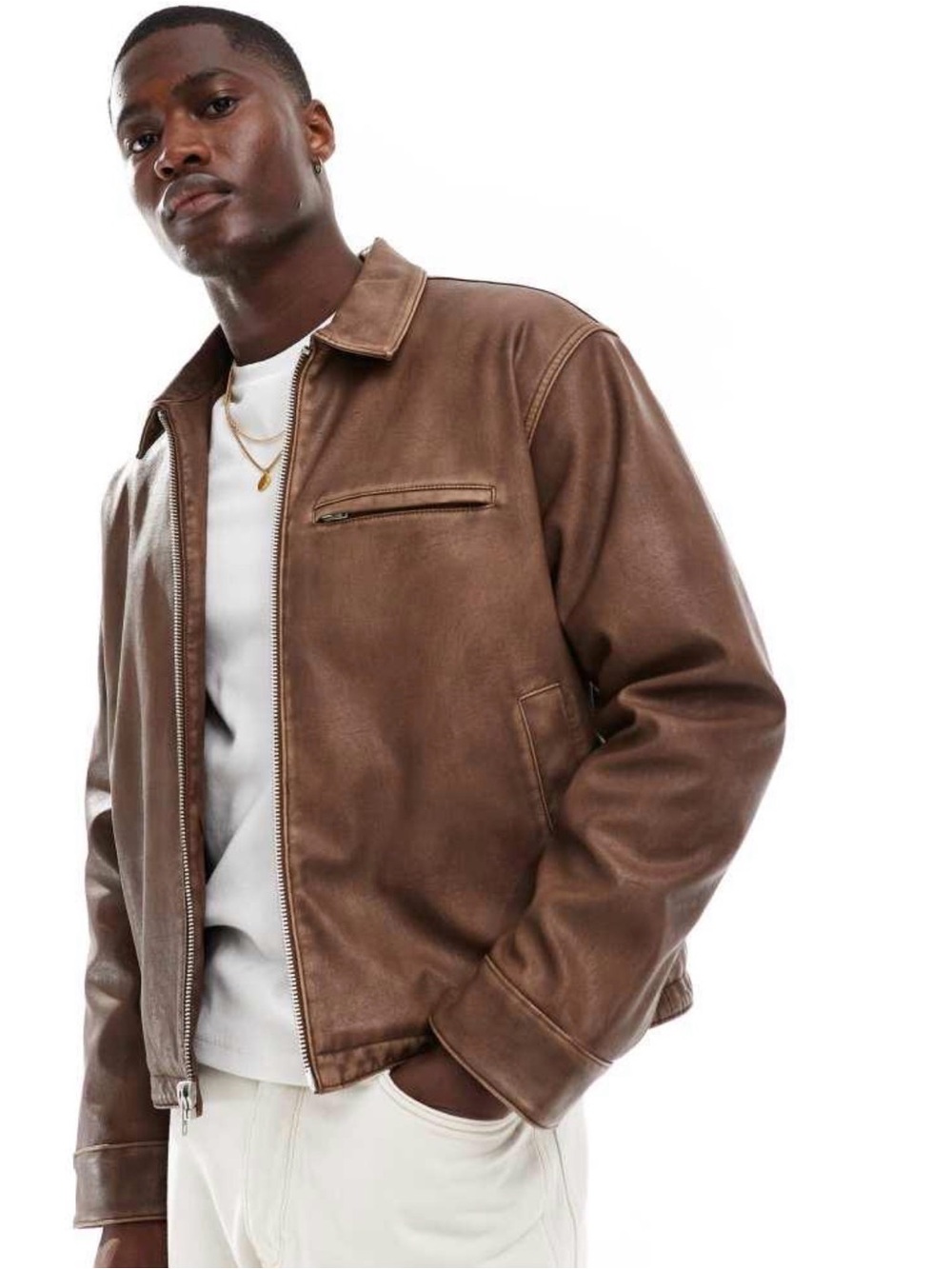 Men’s Abercrombie & Fitch cropped zip front washed faux leather biker jacket